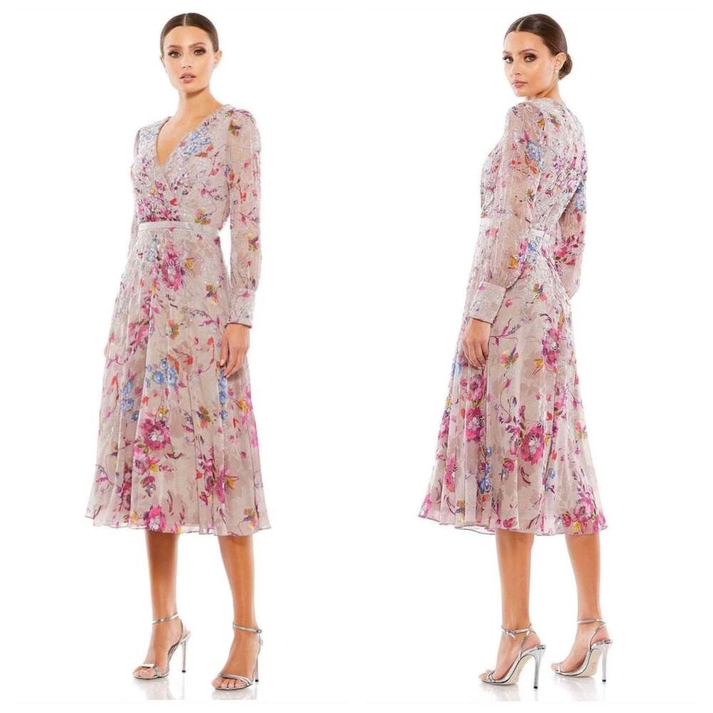 Mac Duggal 9147 - Surplice V-Neck Floral Print Evening Dress Sz 8 NWT